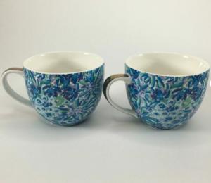 Blue Floral Gold Lion Mug Set of 2