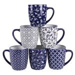 Blue and White Geometric Floral Coffee Mugs Set