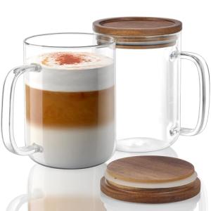 DRASTAR 20 oz Glass Coffee Cups with Lid Set