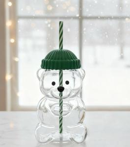 Bear Glass Coffee Mug with Straw and Lid