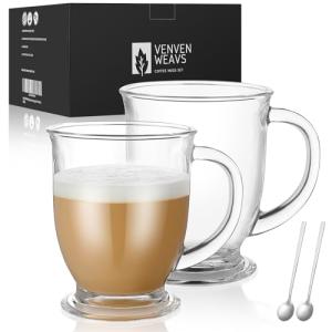Clear Glass Coffee Mugs Set of 2, 15 OZ