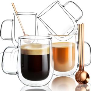 Double Walled Glass Coffee Mug Set with Spoons