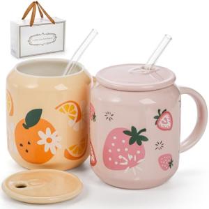 Cute Ceramic Fruit Mugs with Lids and Straws