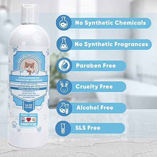 Pawtitas Dog and Cat Shampoo and Conditioner Pet Care Plant Based Made with Certified Organic Natural Herbs, Calming Essential Oil, Oatmeal, Puppy Or Kitten Shampoo Deodorant Fragrance Free 16 oz
