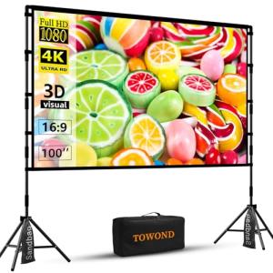TOWOND Projector Screen with Stand, 100 inch Outdoor Projector Screen Portable Indoor Projection Screen 16:9 4K Rear Front Movie Screen with Carry Bag for Home Backyard Theater