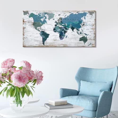 Teal World Map Canvas Wall Art for Living Room