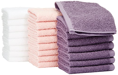 Amazon Basics Fast Drying, Extra Absorbent, Terry Cotton Washcloth, Pack of 24, Petal Pink, Lavender, White, 12" x 12"