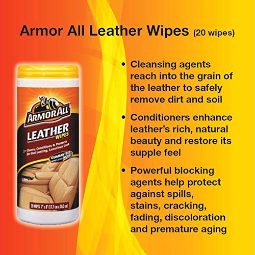 Armor All 10881 Interior Cleaner Car Leather Wipes by , For Cleaning Cars, Trucks and Motorcycles, 20 Count