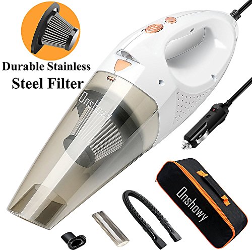 Onshowy Car Vacuum Cleaner, with LED Light 12V 106W 4.3~4.5K PA Suction Stainless Steel Filter Wet&Dry Handheld Auto Vacuum Cleaner,14.76FT(5M) Power Cord Plus One Bag …