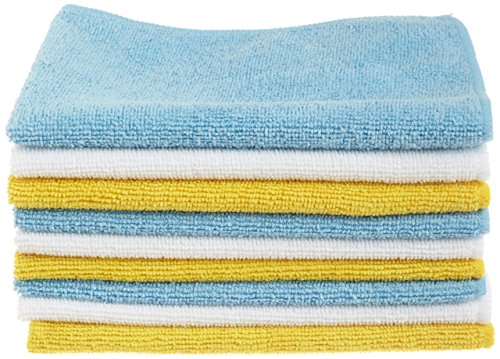 Amazon Basics Microfiber Cleaning Cloths, Non-Abrasive, Reusable and Washable - Pack of 48, 12 x16-Inch, Blue, White and Yellow