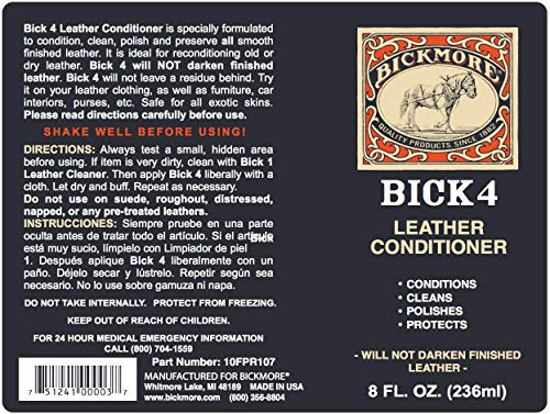 Bick 4 Leather Conditioner and Leather Cleaner 8 oz - Will Not Darken Leather - Safe For All Colors of Leather Apparel, Furniture, Jackets, Shoes, Auto Interiors, Bags & All Other Leather Accessories