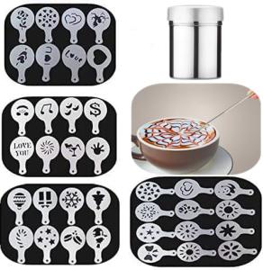 Magnoloran 36 Coffee Stencils+1 Mesh Powder Shaker+1 Latte Art Pen, Cake Baking Templates Coffee Decoration Stencils Coffee Art Templates for Christmas Thanksgiving Cake Coffee Cappuccino