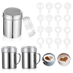 19 Pieces Coffee Decoration Stencils Latte Art Template Coffee Mold Tool with 3 Stainless Steel Shaker and 16 Pieces Stencils Latte Art for Cake Cookie Decorating Oatmeal Cappuccino Hot Chocolate