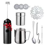 Milk Frother Handheld Art Set - with Milk Frother Pitcher, Powder Cocoa Shaker, Latte Art Pen, Coffee Stencils, Coffee Spoons