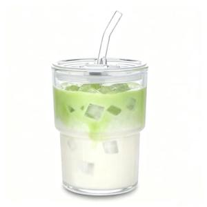 MINGHYZYA 13oz Glass Tumbler with Straw and Lid Sealed, Carry On Reusable Iced Coffee Cups,Thick Wall Glass Coffee Drinking Glassware Cups