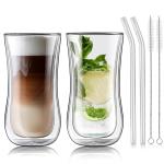 Joeyan Glass Double Walled Beer Drinking Glasses Tumbler, Double Layer Tall Borosilicate Insulated Water Cocktail Glass Cups, Double Lined Thermo Tea Coffee Hot Beverage Glassware 12 oz, Set of 2