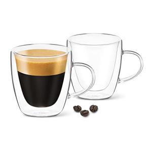 DLux Espresso Coffee Cups 3oz, Double Wall, Clear Glass Set of 2 Glasses with Handles, Insulated Borosilicate Glassware Tea Cup