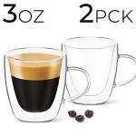 DLux Espresso Coffee Cups 3oz, Double Wall, Clear Glass Set of 2 Glasses with Handles, Insulated Borosilicate Glassware Tea Cup