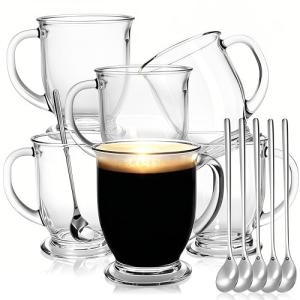 YIMITEE 6 Pack Glass Coffee Mugs with 6 Spoons, 15 OZ Clear Drinking Glasses with Handle, Large Espresso Cup, Hot Cold Beverage Glassware Set for Water, Tea, Cappuccino, Latte, Juice, Cocoa, Milk