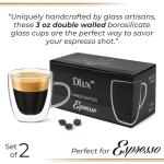 DLux Espresso Coffee Cups 3oz, Double Wall, Clear Glass Set of 2 Glasses with Handles, Insulated Borosilicate Glassware Tea Cup