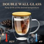 PARACITY Glass Coffee Mugs Set of 2 with Bamboo Lid/Spoon, Double Wall Insulated Clear Tea Cups 12 OZ with Hand for Cappuccino/Latte/Coffee, Borosilicate Glassware for Kitchen/Travel