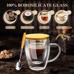 PARACITY Glass Coffee Mugs Set of 2 with Bamboo Lid/Spoon, Double Wall Insulated Clear Tea Cups 12 OZ with Hand for Cappuccino/Latte/Coffee, Borosilicate Glassware for Kitchen/Travel