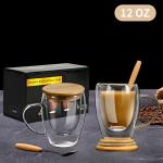 PARACITY Glass Coffee Mugs Set of 2 with Bamboo Lid/Spoon, Double Wall Insulated Clear Tea Cups 12 OZ with Hand for Cappuccino/Latte/Coffee, Borosilicate Glassware for Kitchen/Travel