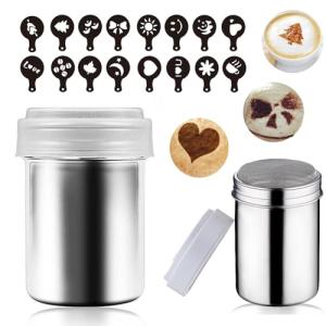 SRUIHAX Powder Coffee Shaker Sets with Lid & Mesh,Stainless Steel Shaker and 16 Pieces Coffee Stencils Latte Art,for Cappuccino Cinnamon Cake Bread,Small