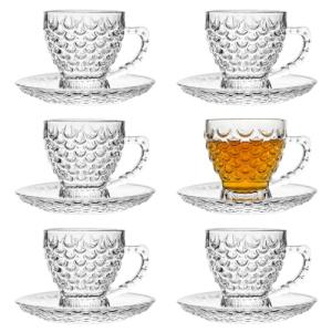 binsakao Glass Tea Cups and Saucers Set of 6 - Fish Scale Coffee Mugs - Teacups Set for Espresso Cappuccino Latte Tea - Dishwasher Microwave Safe (7OZ / 210ML)