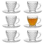 binsakao Glass Tea Cups and Saucers Set of 6 - Fish Scale Coffee Mugs - Teacups Set for Espresso Cappuccino Latte Tea - Dishwasher Microwave Safe (7OZ / 210ML)