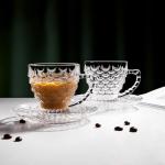binsakao Glass Tea Cups and Saucers Set of 6 - Fish Scale Coffee Mugs - Teacups Set for Espresso Cappuccino Latte Tea - Dishwasher Microwave Safe (7OZ / 210ML)