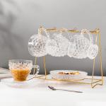 binsakao Glass Tea Cups and Saucers Set of 6 - Fish Scale Coffee Mugs - Teacups Set for Espresso Cappuccino Latte Tea - Dishwasher Microwave Safe (7OZ / 210ML)