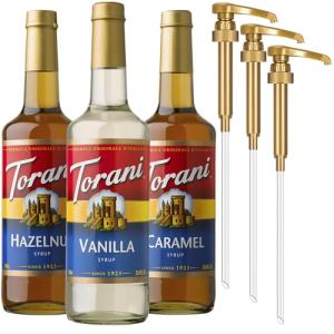 Torani Coffee Syrup, Vanilla, Caramel, and Hazelnut Variety 3-Pack, Flavoring for Drinks, Pumps Included, 25.4 Fl Oz Ea