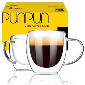 PunPun 8.5oz/250ml Espresso Cups, Double Wall Insulated Glass Cups, Set of 2
