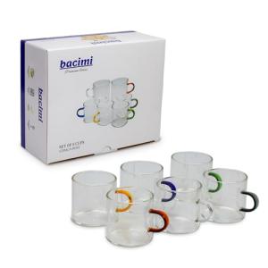 Bacimi® Clear Espresso Cups with Colorful Handles - Set of 6