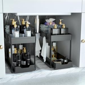 DEKAVA Under Sink Storage 2 Pack, 2 Tier Sliding Organiser, Multi-Purpose Shelf Organiser, Pull Out Cabinet Basket Drawer (Black)
