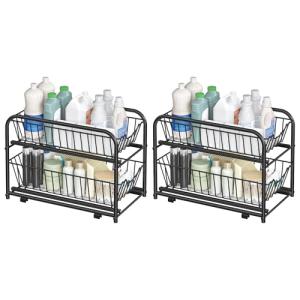 SONGMICS Set of 2 Cupboard Organiser, 2-Tier Under Sink Storage Organiser with Sliding Basket Drawers, Stackable Cabinet Organiser for Kitchen, Bathroom, Ink Black KCS017B02V1