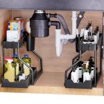 Livhome 2 Pack 2 Tier Under Sink Organiser with Pull-Out Drawers, Kitchen Storage Shelf with Hanging Hooks, Compact Storage Solution for Bathroom, Laundry Room & Cabinet Organisation (Black)