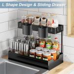 Livhome 2 Pack 2 Tier Under Sink Organiser with Pull-Out Drawers, Kitchen Storage Shelf with Hanging Hooks, Compact Storage Solution for Bathroom, Laundry Room & Cabinet Organisation (Black)