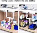 Livhome 2 Pack 2 Tier Under Sink Organiser with Pull-Out Drawers, Kitchen Storage Shelf with Hanging Hooks, Compact Storage Solution for Bathroom, Laundry Room & Cabinet Organisation (Black)