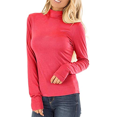 Fitfulvan Women's Turtleneck Slim Long Sleeve Top Fashion Solid Color Elegant Pullover Red