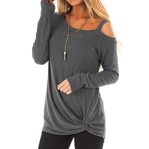 WUAI-Women Casual Shirts Cold Shoulder Tops Short Sleeve Fashion Knot Twist Front T-Shirt Blouse(Grey,Small)
