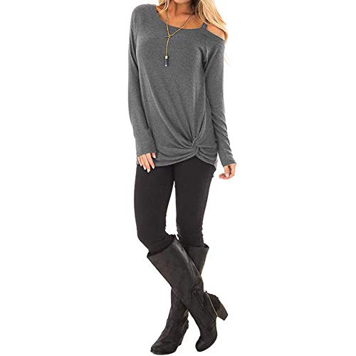WUAI-Women Casual Shirts Cold Shoulder Tops Short Sleeve Fashion Knot Twist Front T-Shirt Blouse(Grey,Small)