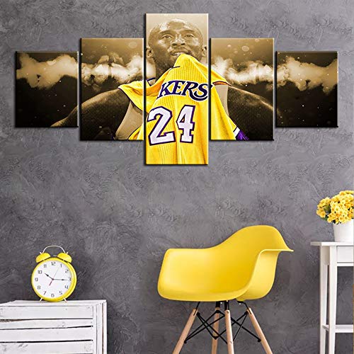TUMOVO 5 Panel Wall Art American Basketball Poster on Canvas Framed Art Sport Paintings Home Decor Kobe Bryant Modern Artwork Picture Giclee Print for Modern Classroom Home Decoration - 50''Wx24''H