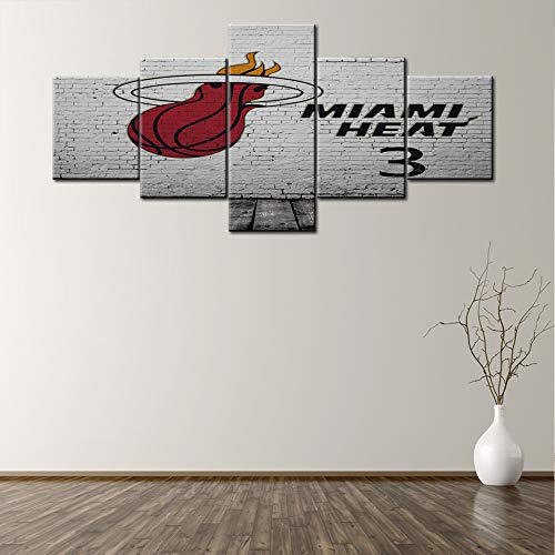 Sports Basketball Canvas Art Painting The NBA Team Miami Heat Logo Wall Pictures Gym Poster Modular Painting Supplies 5 Pieces/set for Baby Nursery Decor Kids Room Basketball Boys Gift - 50"W x 24"H