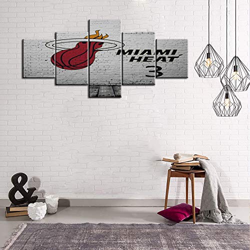 Sports Basketball Canvas Art Painting The NBA Team Miami Heat Logo Wall Pictures Gym Poster Modular Painting Supplies 5 Pieces/set for Baby Nursery Decor Kids Room Basketball Boys Gift - 50"W x 24"H