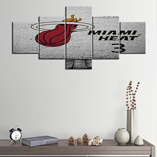 Sports Basketball Canvas Art Painting The NBA Team Miami Heat Logo Wall Pictures Gym Poster Modular Painting Supplies 5 Pieces/set for Baby Nursery Decor Kids Room Basketball Boys Gift - 50"W x 24"H