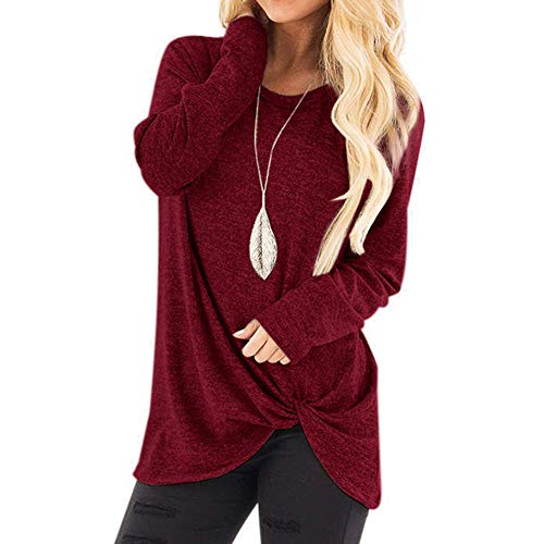 Women Casual Solid Crewneck Loose T-Shirt Long Sleeve Autumn Twisted Tops Blouse Tunic Sweatershirts（Wine,Size 2XL