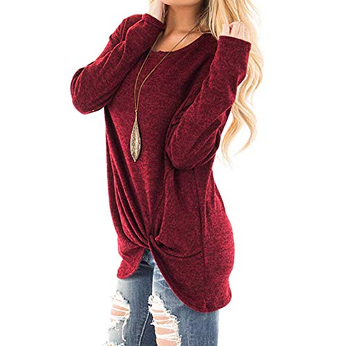 Women Casual Solid Crewneck Loose T-Shirt Long Sleeve Autumn Twisted Tops Blouse Tunic Sweatershirts（Wine,Size 2XL
