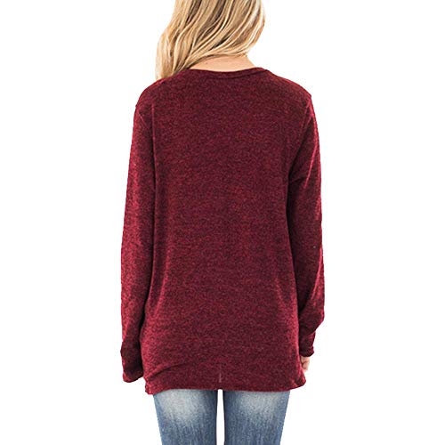 Women Casual Solid Crewneck Loose T-Shirt Long Sleeve Autumn Twisted Tops Blouse Tunic Sweatershirts（Wine,Size 2XL